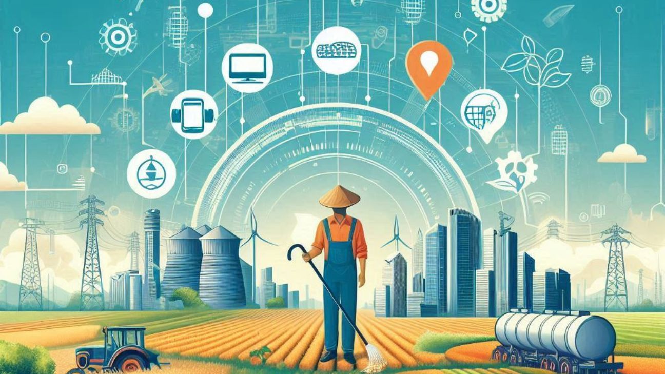Food Security in India, showing a lush agricultural landscape with diverse crops, a farmer in the field, digital tools, grain storage symbols, and an urban skyline.