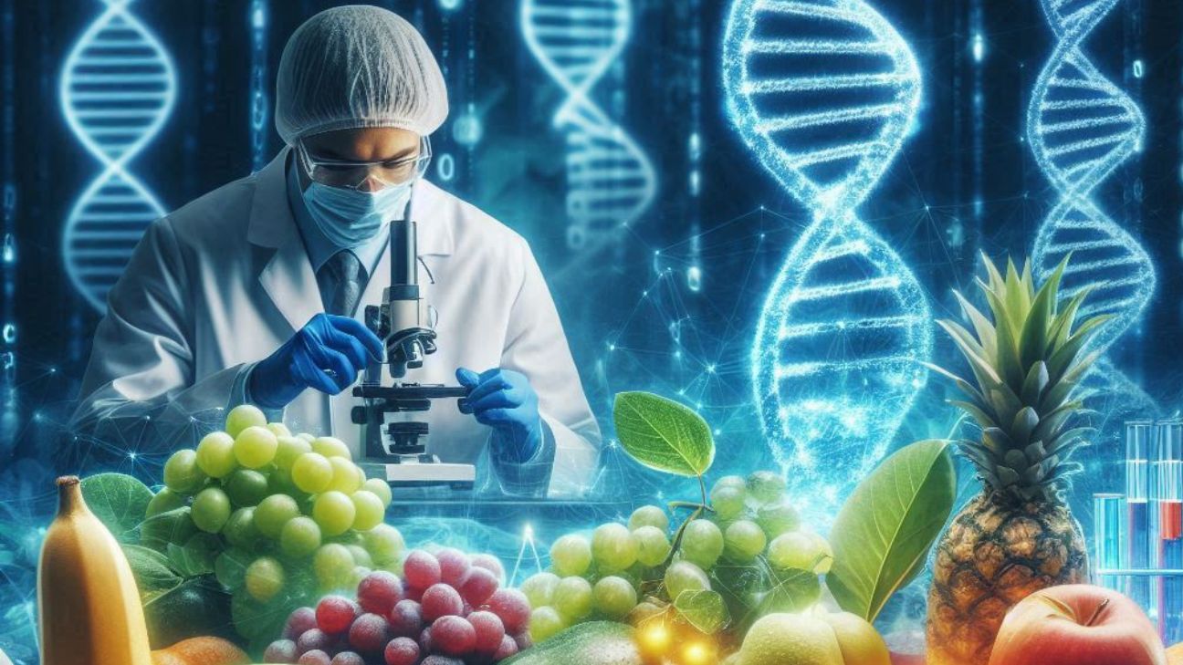 An array of fruits and vegetables with glowing outlines symbolizing genetic enhancements, with a scientist in a lab coat working with a microscope in the background, alongside DNA strands, merging nature with technology.