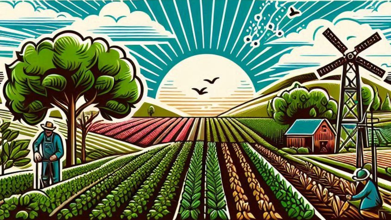 Agricultural Practices featuring a farm scene with healthy crops, irrigation, and farmers in action. Use vivid greens, browns, and blues, and include the title in a clear, prominent font.