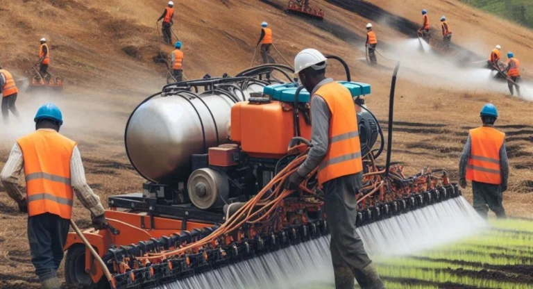 Hydroseeding on a steep hillside for erosion control and soil stabilization.