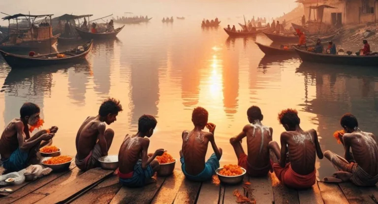 Malnourished children sitting near a holy river in India, highlighting the ongoing hunger crisis and child malnutrition issues.