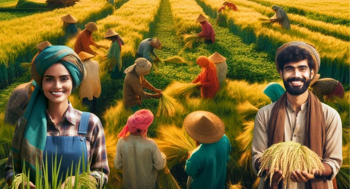 Happy farmers in a lush green field celebrating a successful harvest with vibrant crops, symbolizing positive farming outcomes and improved food security in India.