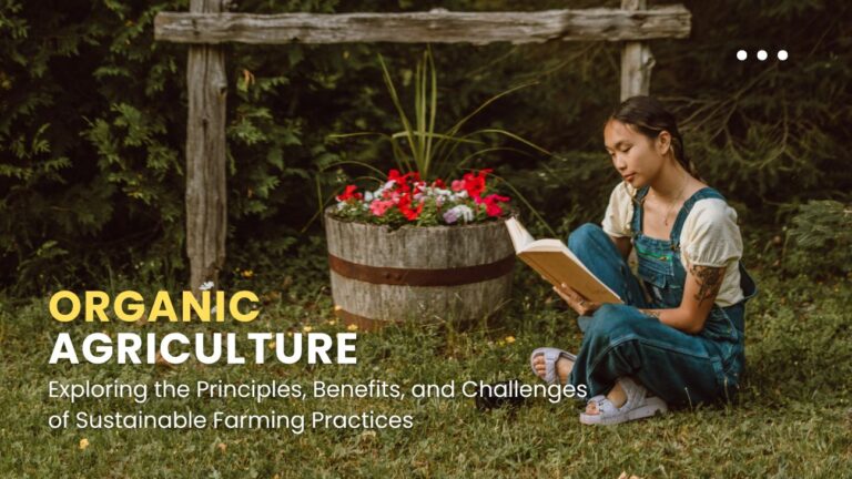 A young girl harvesting crops in a field while holding a book on organic agriculture.