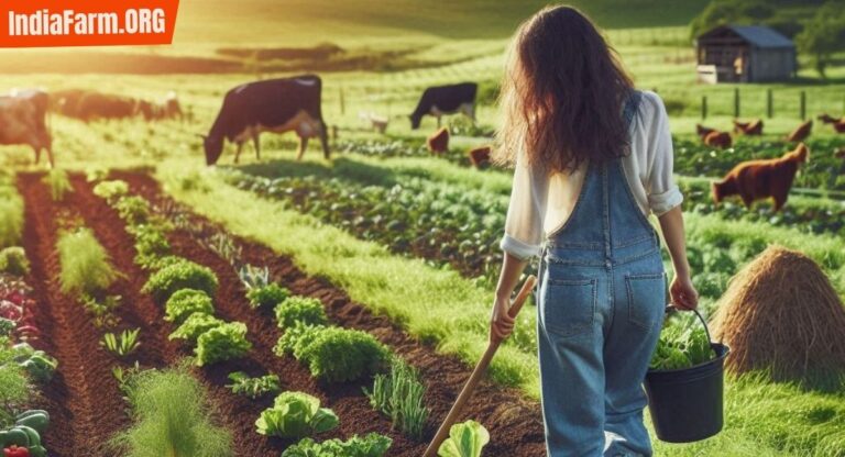 Women farmer practicing organic farming in vegetable farm