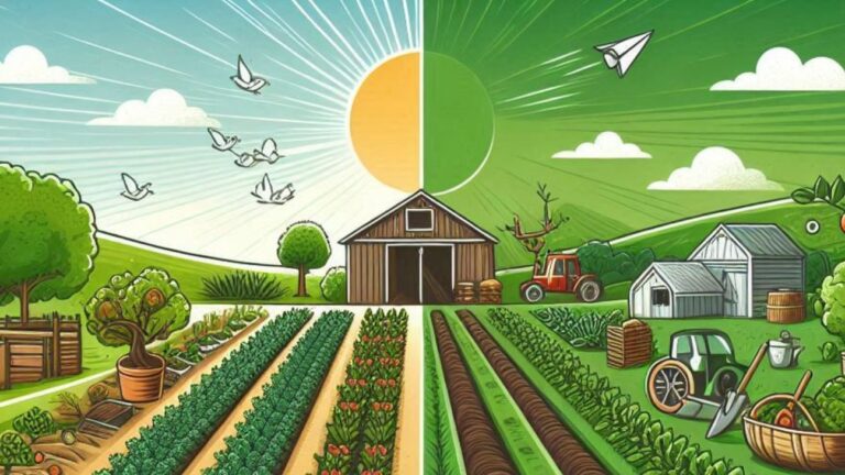 Illustration depicting the concept of Organic Farming vs. Organic Agriculture, with one side showing a lush organic farm and the other representing broader elements like community markets and sustainability symbols, set against a green, earthy background.
