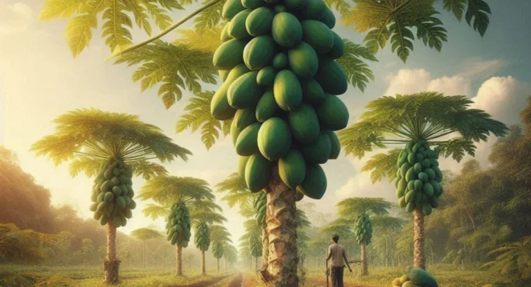 Papaya farm with healthy trees and ripe papayas, farmer tending to plants in a fertile tropical field under clear skies.