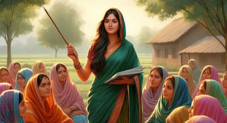 Illustration of rural women in India participating in a Self-Help Group meeting under a tree, symbolizing empowerment and community development.