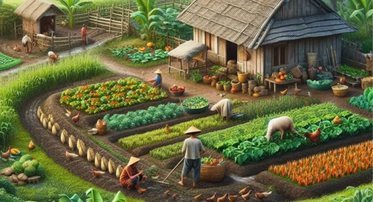A rural subsistence farm with a farmer and family tending rice, vegetables, and maize on a small plot. Traditional tools like a hoe and plow are visible, along with a livestock pen housing chickens and goats, set against a lush green landscape and a wooden house.