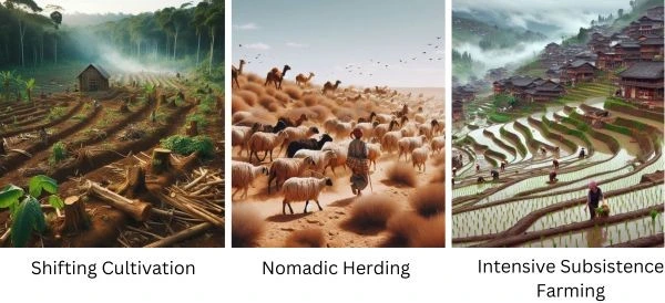 Subsistence farming: Traditional agricultural practices for sustainable living 2 Shifting Cultivation, Nomadic Herding, and Intensive Subsistence Farming, highlighting a tropical forest clearing with crops, an arid landscape with livestock and herder, and terraced rice paddies with farmers working.