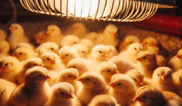 Poultry farming for beginners: Cage vs deep litter system, brooding, and best practices 4 Young chicks huddling under a heating lamp on soft litter in a brooding area.