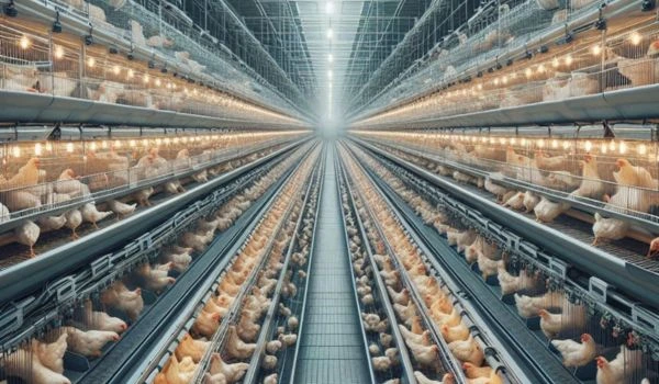 Poultry farming for beginners: Cage vs deep litter system, brooding, and best practices 2 Rows of chickens in metal cages with automated feeders inside a clean poultry farm.
