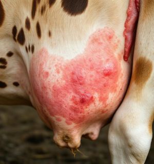 Inflamed udder affected by mastitis disease in a dairy cow, showing redness, swelling, and discomfort.