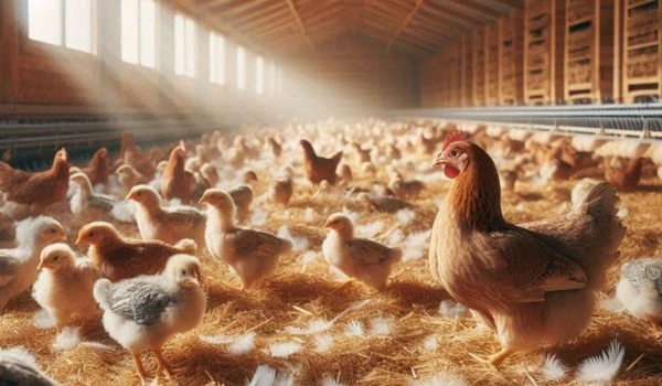 Poultry farming for beginners: Cage vs deep litter system, brooding, and best practices 3 Chickens walking freely on straw-covered floor in a well-ventilated poultry house.