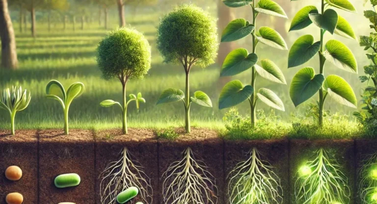 Illustration of plant growth stages from seed germination to harvest, showcasing the impact of Effective Microorganisms (EM) in agriculture.