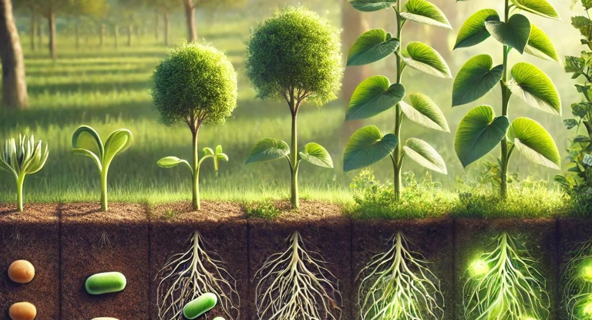 Illustration of plant growth stages from seed germination to harvest, showcasing the impact of Effective Microorganisms (EM) in agriculture.