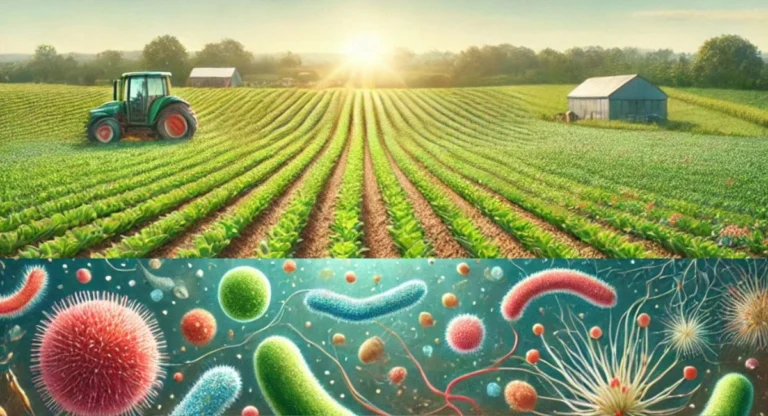 Effective Microorganisms (EM) in Organic Farming showing healthy plants, enriched soil with beneficial microorganisms, and sustainable agriculture.