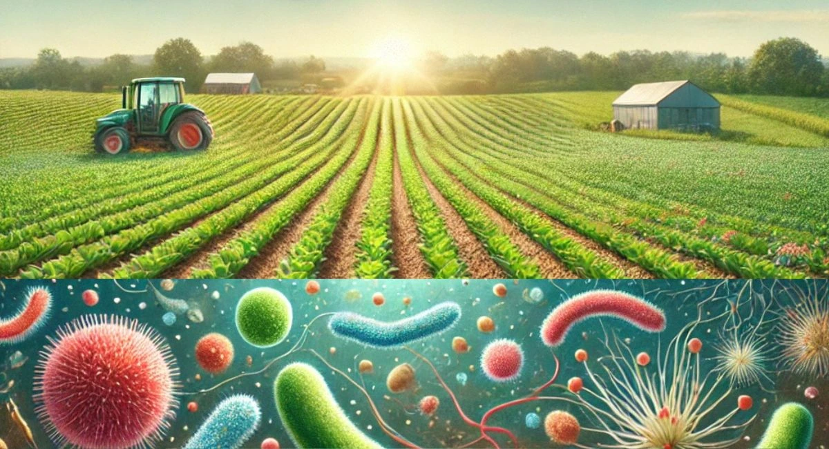 Effective Microorganisms (EM) in Organic Farming showing healthy plants, enriched soil with beneficial microorganisms, and sustainable agriculture.