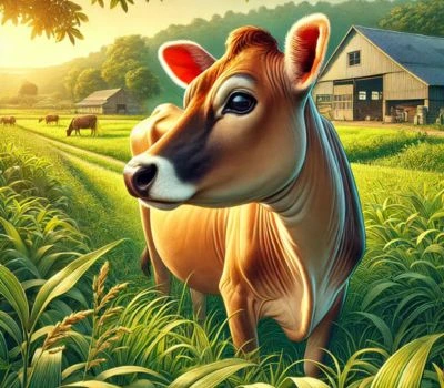 Jersey cows: Benefits, characteristics, and importance in Indian dairy farming 2 Jersey cow in Indian countryside with a sunny rural landscape and traditional farm structures.