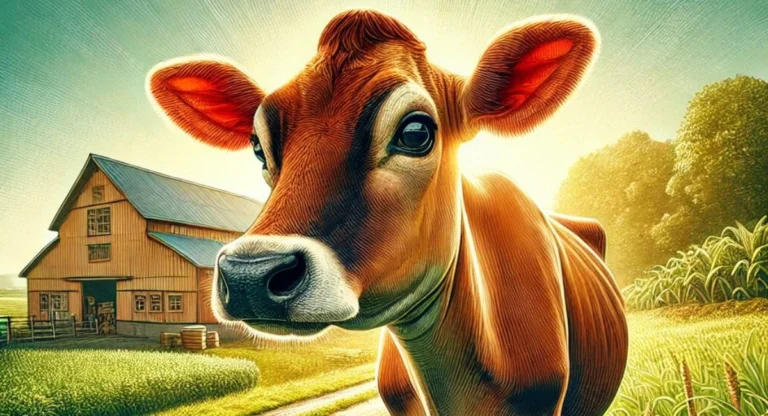 Jersey cow on an Indian farm with lush green fields and traditional barn in the background.