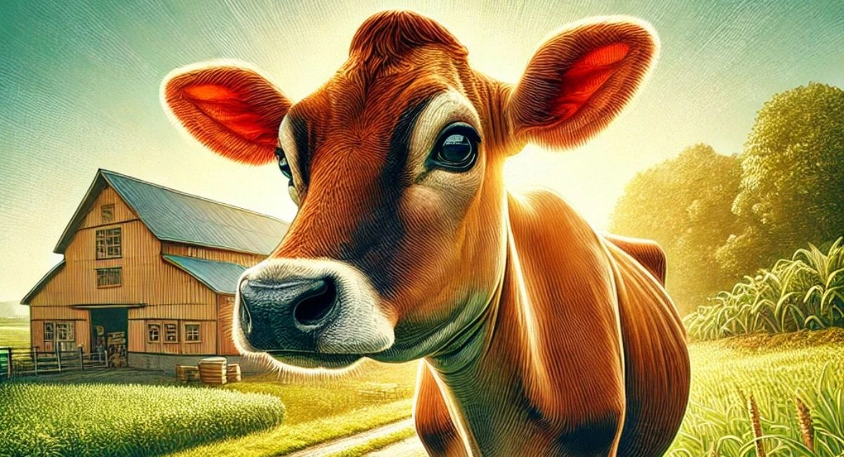 Jersey cow on an Indian farm with lush green fields and traditional barn in the background.