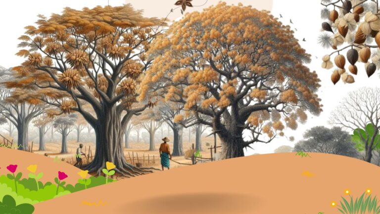 Katha (Senegalia catechu) tree in an Indian landscape with a farmer harvesting heartwood, surrounded by dry forest, goats, and beehives.
