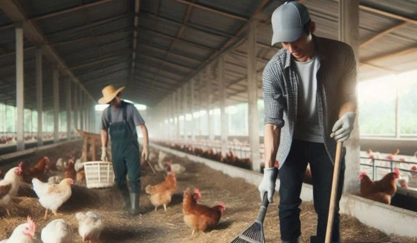 Poultry farming for beginners: Cage vs deep litter system, brooding, and best practices 5 Farmer stirring dry straw litter on a poultry farm to maintain cleanliness.
