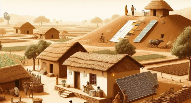 Rural Indian village with mud houses, dry fields, and villagers in traditional attire, highlighting poverty and progress through symbols like a school and solar panel.