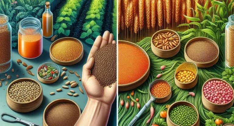 Seeds undergoing treatment with methods like chemical and organic applications, with healthy winter crops in the background.